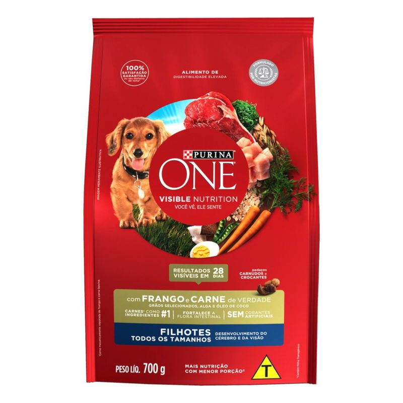 Alimento-para-Caes-Filhotes-Todos-os-Tamanhos-Frango-e-Carne-Purina-One-Visible-Nutrition-Pacote-700g-s