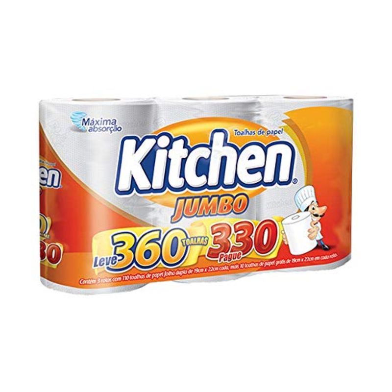 Toalha-de-Papel-Jumbo-Folha-Dupla-Kitchen-330-Toalhas-19x22-Pack-3-Unidades