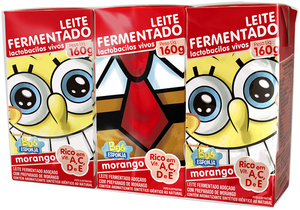 Leite Fermentado Desnatado Morango Bob Esponja Elegê Caixa 160g