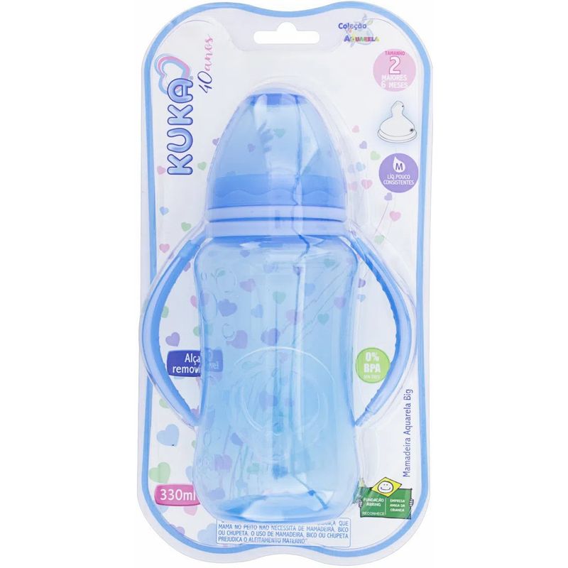 Mamadeira-Kuka-T2-Big-Aquarela-Azul-Ortodontica-de-Silicone-com-Alca-330ml--Ref1401