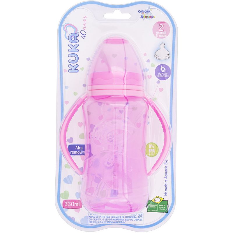 Mamadeira-Kuka-T2-Big-Aquarela-Rosa-Ortodontica-de-Silicone-com-Alca-330ml--Ref1402