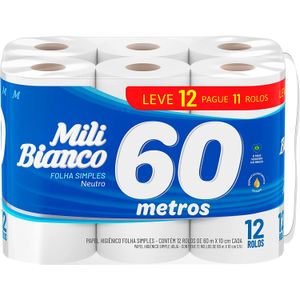 Papel Higiênico Mili Bianco Folha Simples Neutro 60M