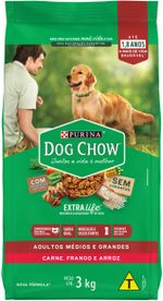 Racao-para-Caes-Dog-Chow-Extralife-Adultos-Medios-e-Grandes-Carne-Frango-e-Arroz-3kg