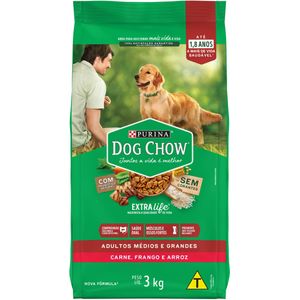 Ração para Cães Dog Chow Extralife Adultos Médios e Grandes Carne, Frango e Arroz 3kg