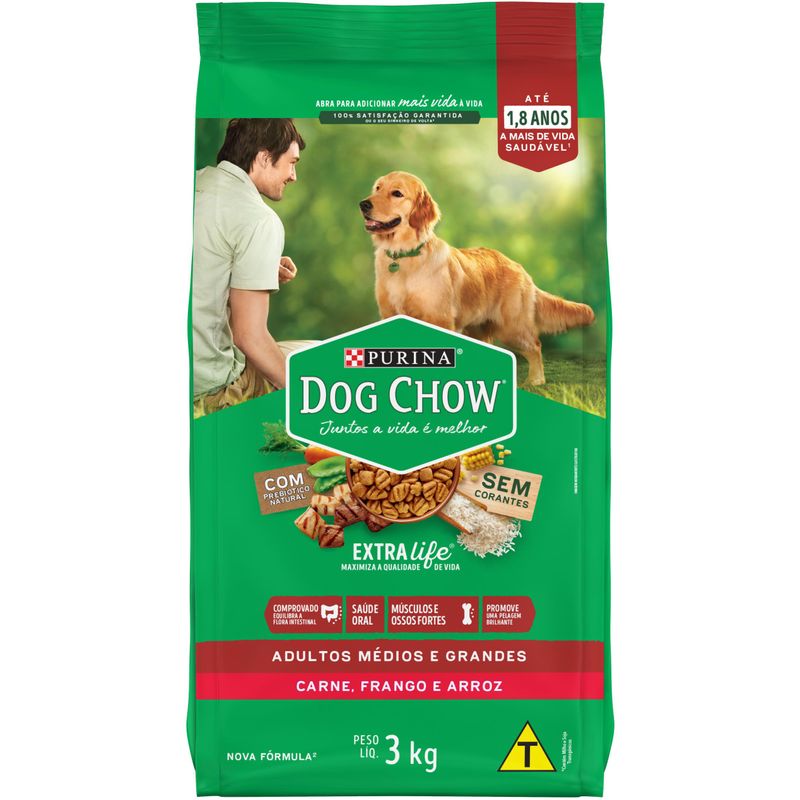 Racao-para-Caes-Dog-Chow-Extralife-Adultos-Medios-e-Grandes-Carne-Frango-e-Arroz-3kg