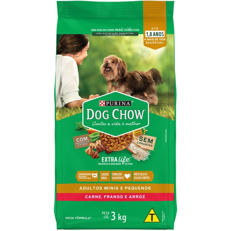 Racao-para-Caes-Dog-Chow-Extralife-Adultos-Minis-e-Pequenos-Carne-Frango-e-Arroz-3kg