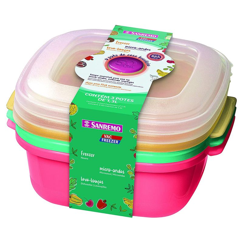 Kit-Pote-Plastico-Sanremo-Colors-Quadrado-13L--Com-3-Unidades
