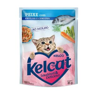 Ração Úmida para Gatos Kelcat Peixe, Ervilha e Cenoura Sachê 85g