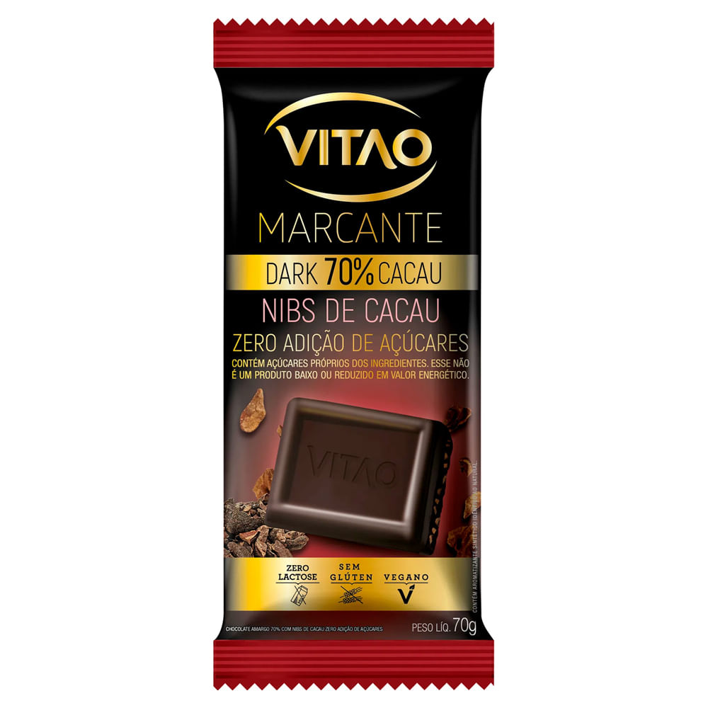 Chocolate em Barra Vitao Zero Lactose Nibs 70% Cacau 70g