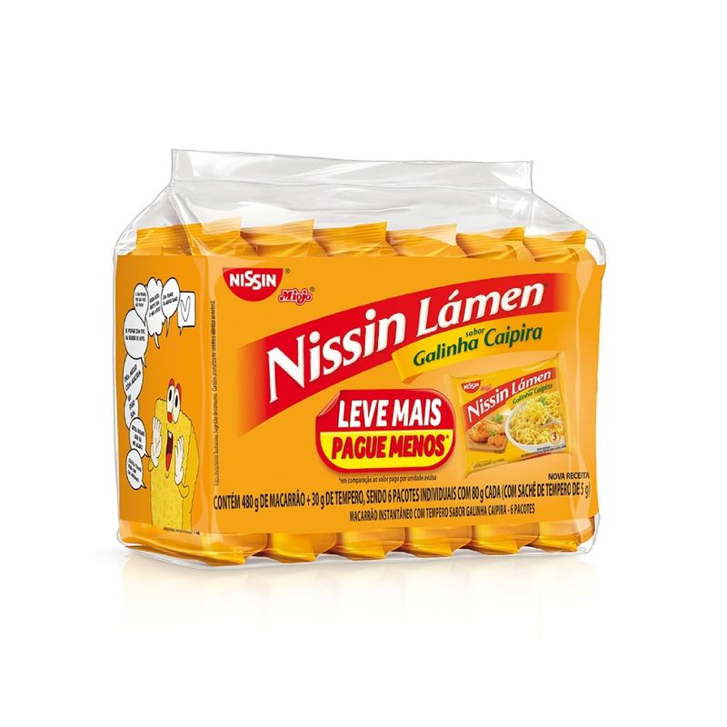 Pack Macarrão Instantâneo Galinha Caipira Nissin com 6 Unidades