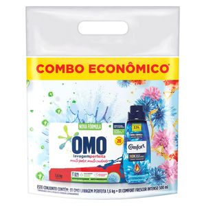 Kit Detergente em Pó Omo Lavagem Perfeita Caixa 1,6kg e Amaciante Concentrado para Roupas Comfort Cuidado Intensivo 500ml