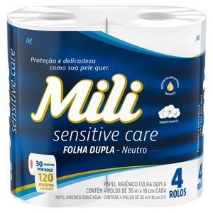 Papel Higiênico Mili Sensitive Care Folha Dupla Neutro 30M | Com 4 Rolos