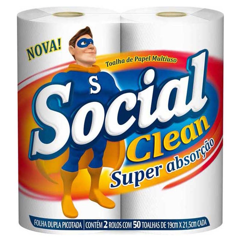Papel-Toalha-Social-Clean-Super-Absorcao-Folha-Dupla-19X21-5cm-Com-2-Rolos-com-50-Folhas-Cada