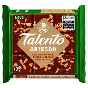 Chocolate Talento Artesão Ao Leite com Castanha do Pará, Castanha de Caju e Nibs de Cacau 75g